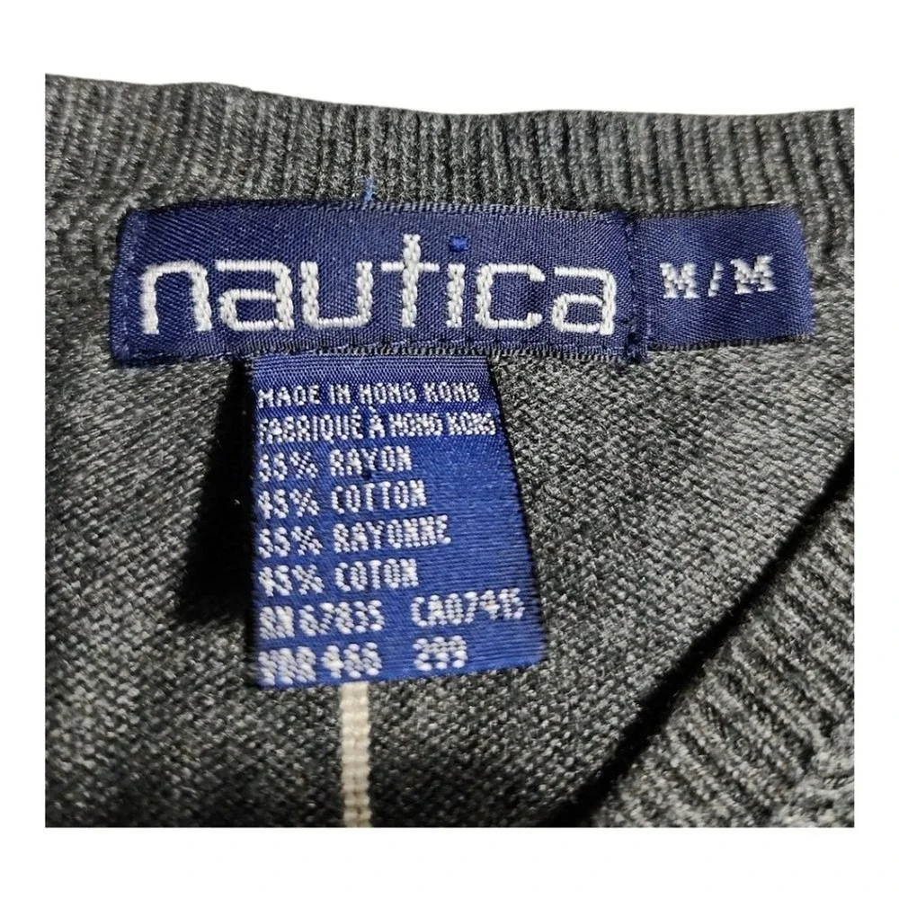 Nautica V-Neck Sweater Mens M Grey Windowpane Grid Preppy Classic Casual